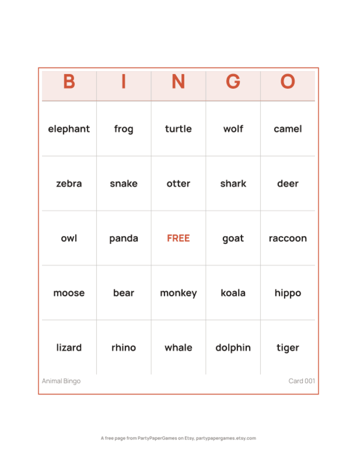 Free Printable Animal Bingo Card