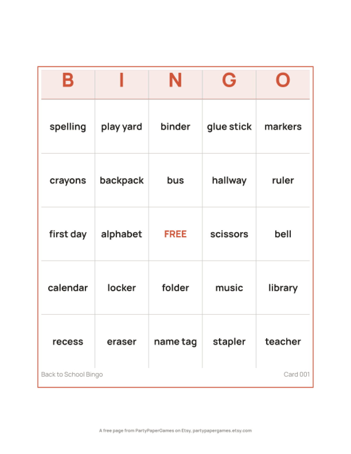 Free Printable Back to School Bingo Card, the real page out of the Back to School Bingo set