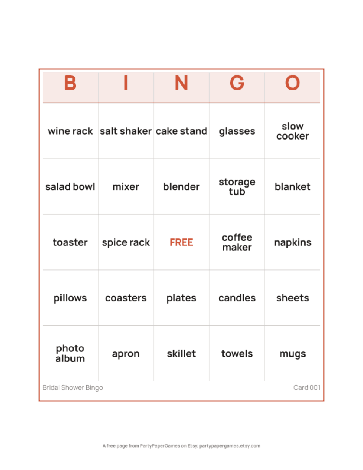 Free Printable Bridal Shower Bingo Card, the real page out of the Bridal Shower Bingo set