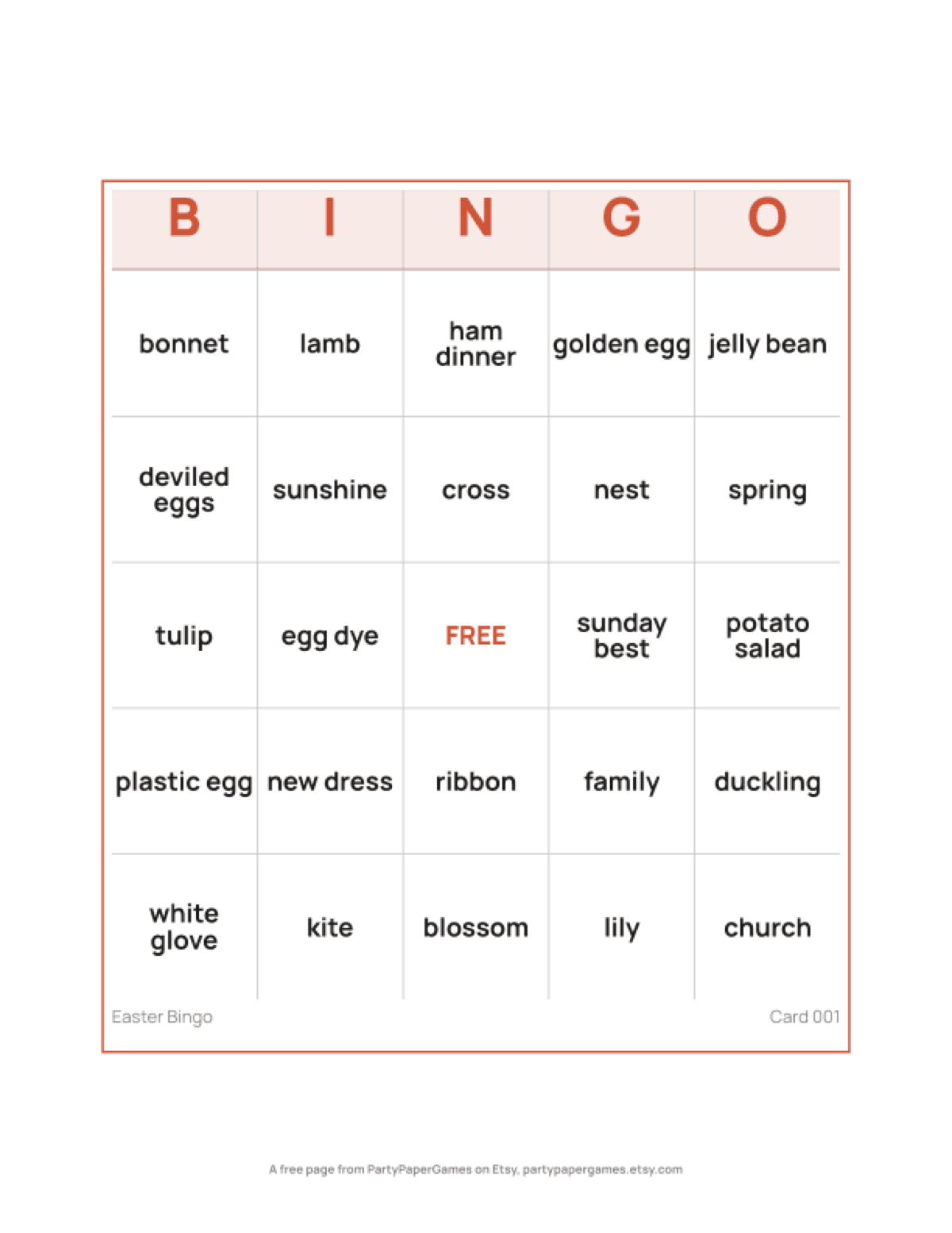 Free Printable Easter Bingo Card, the real page out of the Easter Bingo set