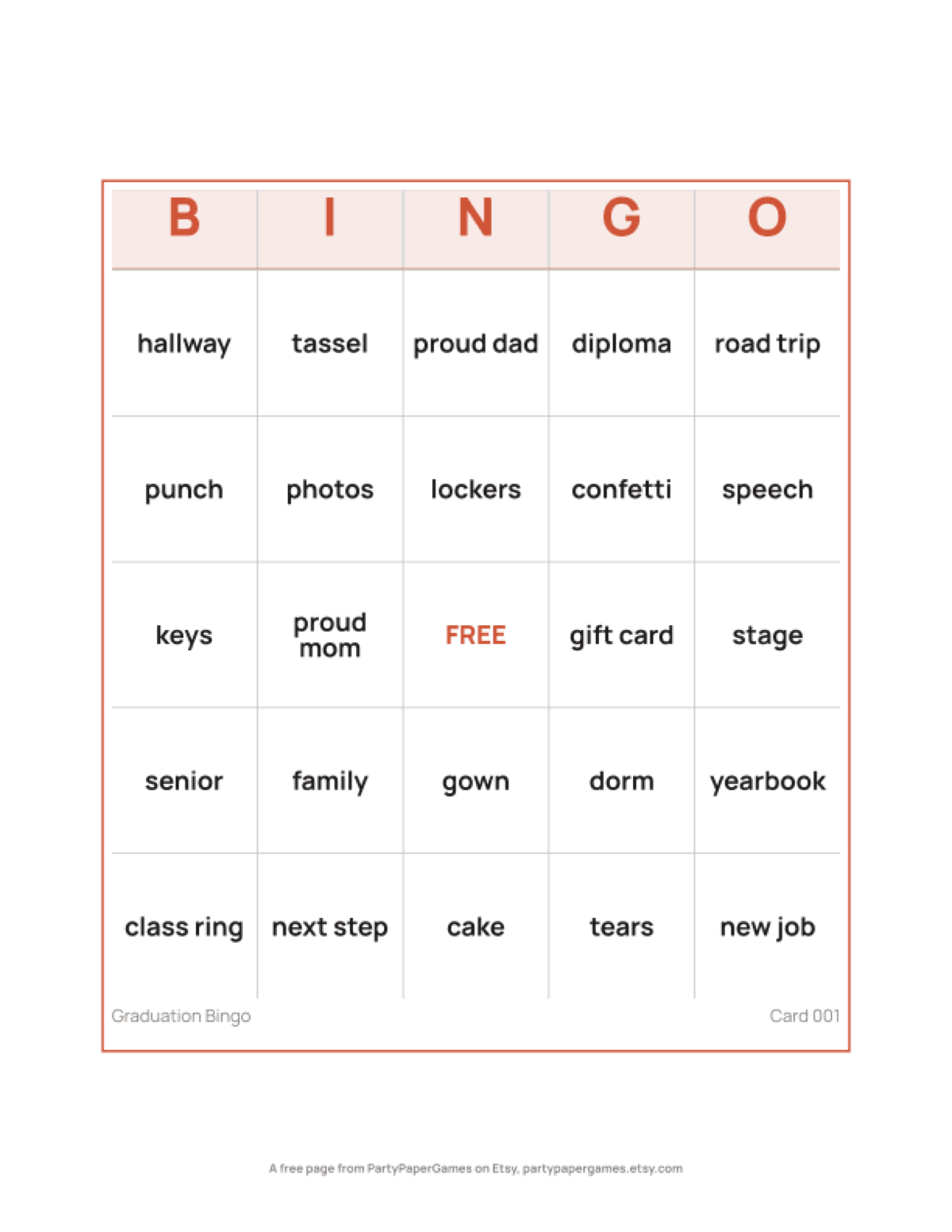 Free Printable Graduation Bingo Card, the real page out of the Graduation Bingo set