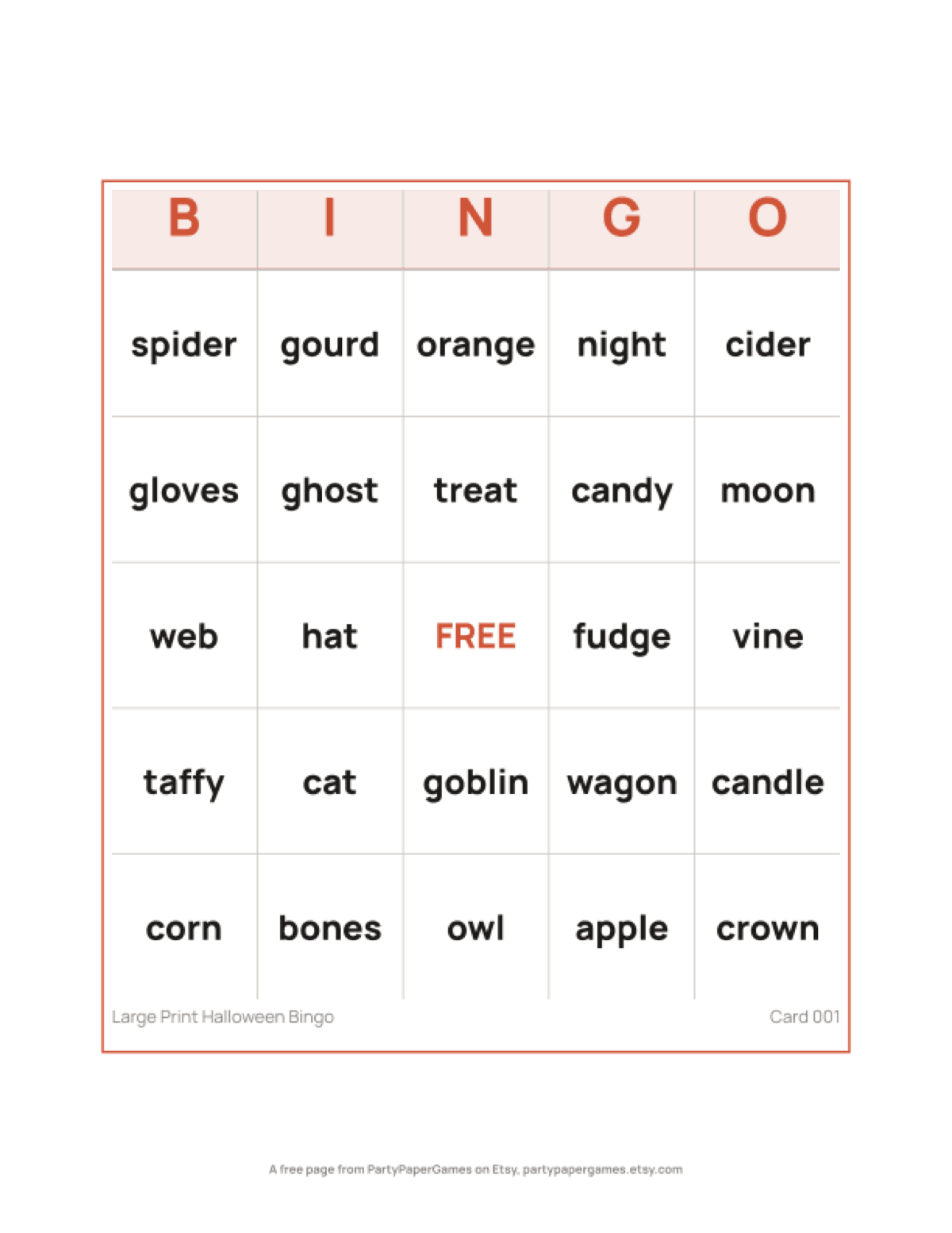 Free Large Print Halloween Bingo Card