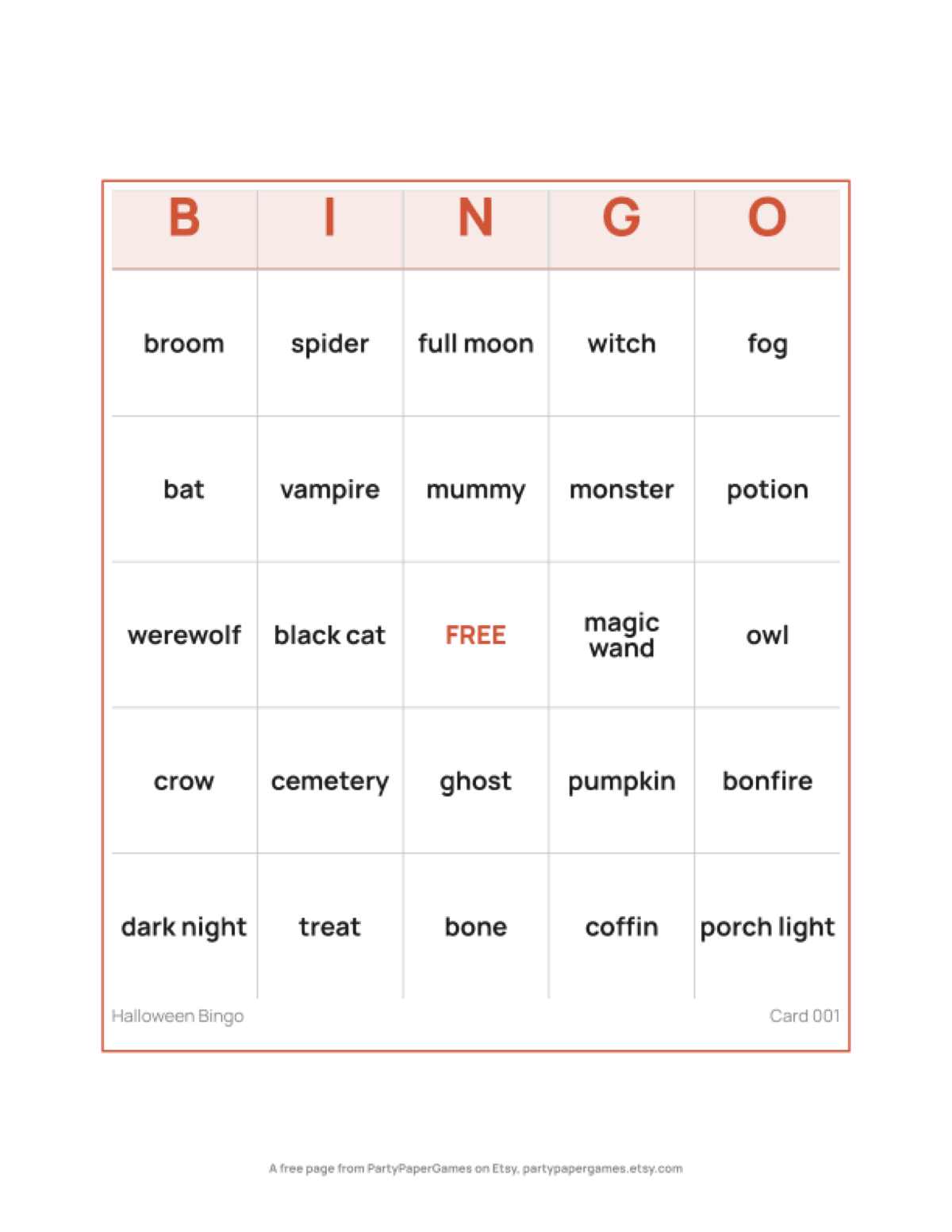 Free Printable Halloween Bingo Card, the real page out of the Halloween Bingo set