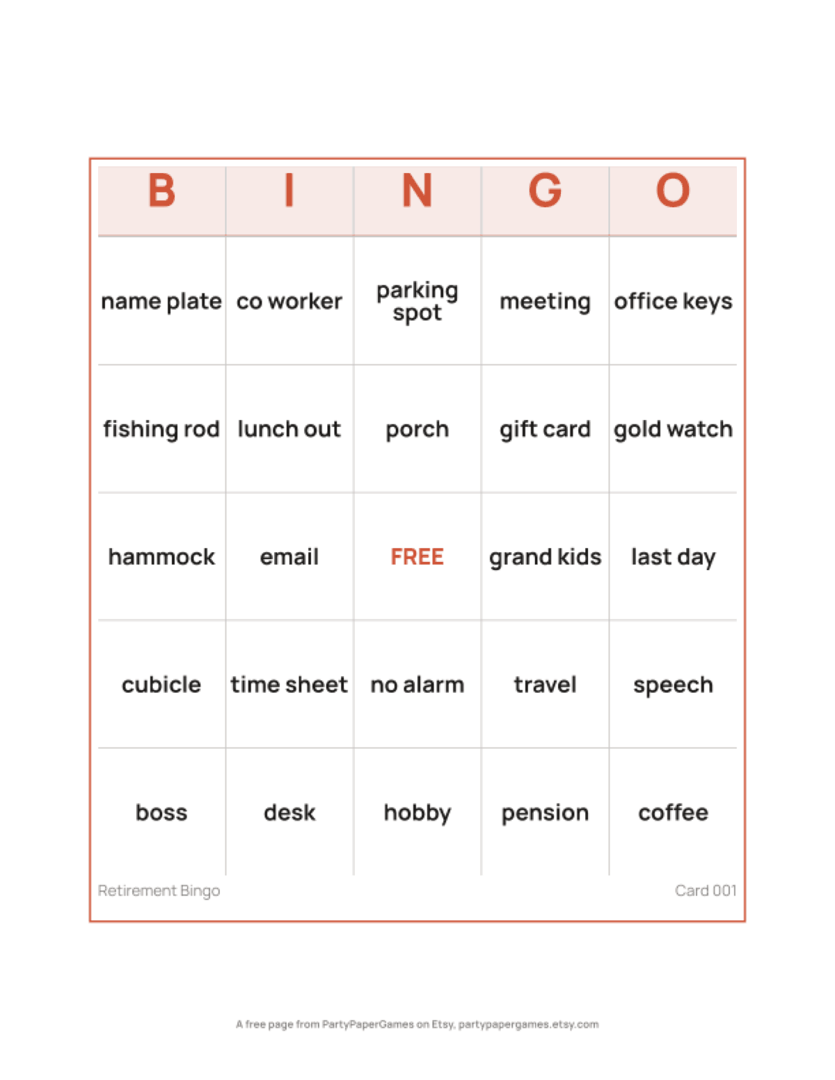 Free Printable Retirement Bingo Card, the real page out of the Retirement Bingo set