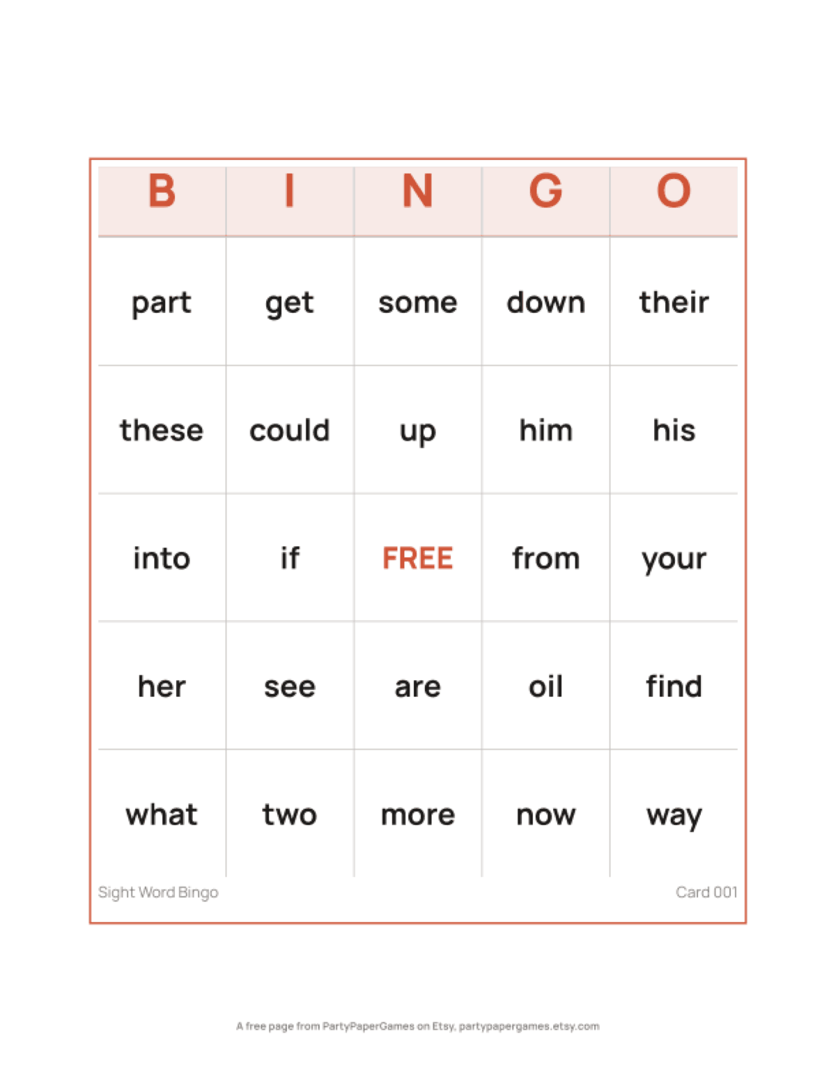 Free Printable Sight Word Bingo Card, the real page out of the Sight Word Bingo set