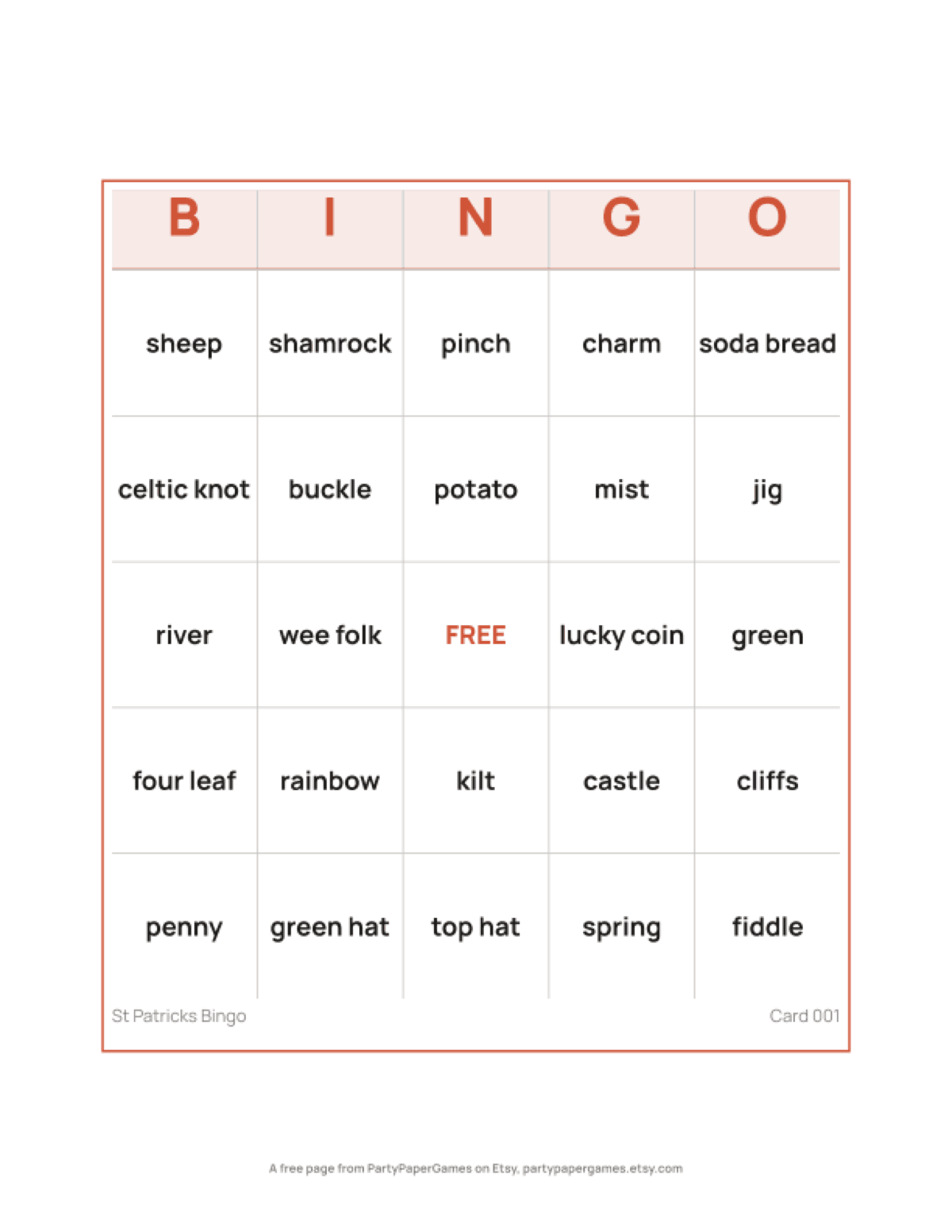 Free Printable St Patrick's Day Bingo Card