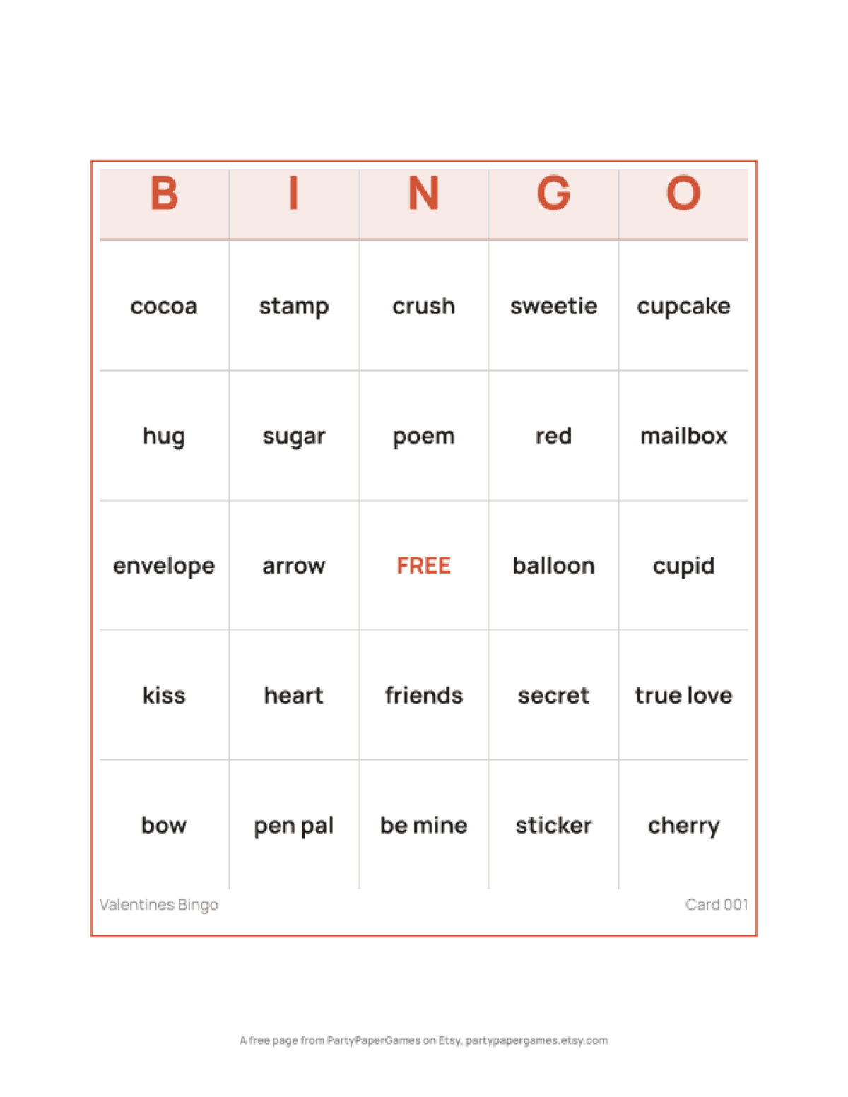 Free Printable Valentine Bingo Card, the real page out of the Valentines Bingo set