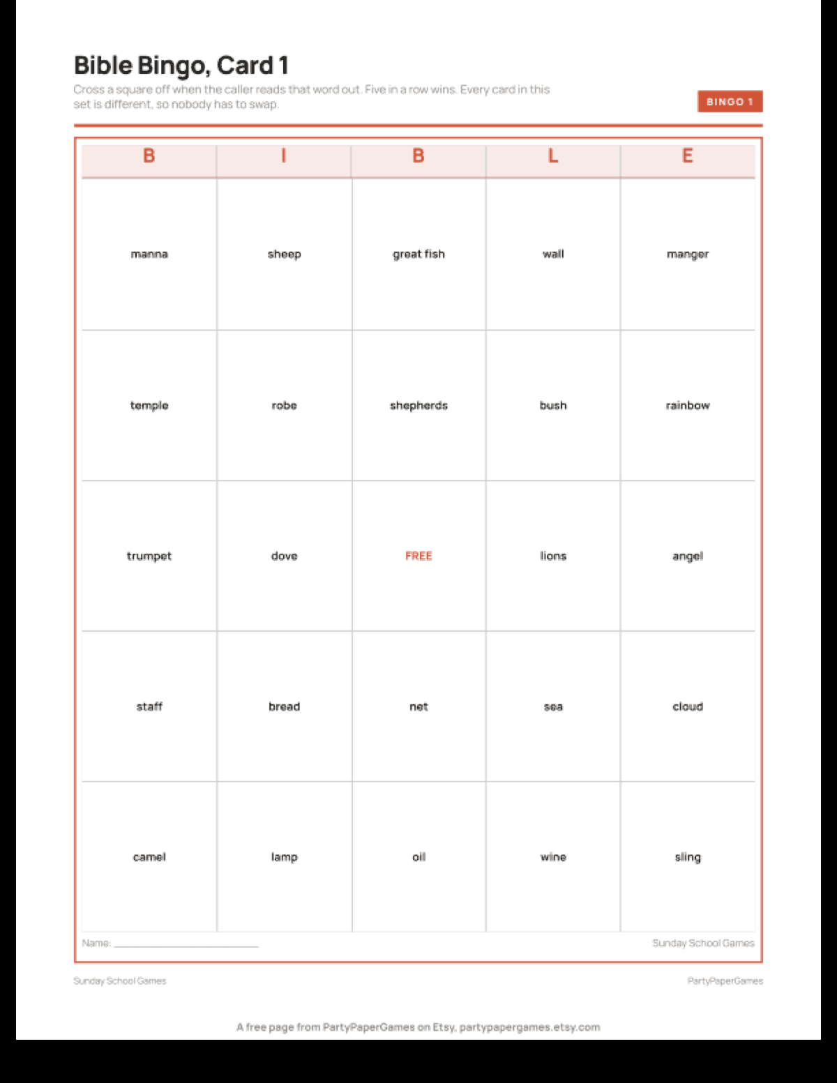 Free Printable Sunday School Bingo Card, the real page out of the Sunday School Games set