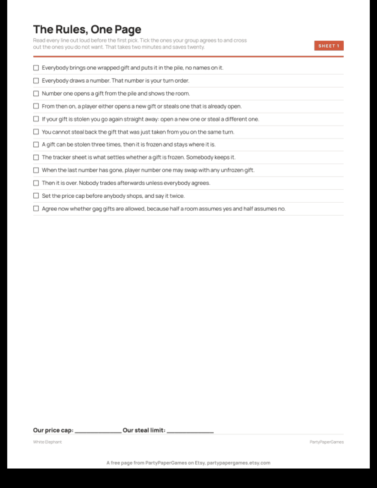 Free Printable White Elephant Rules, the real page out of the White Elephant Game set