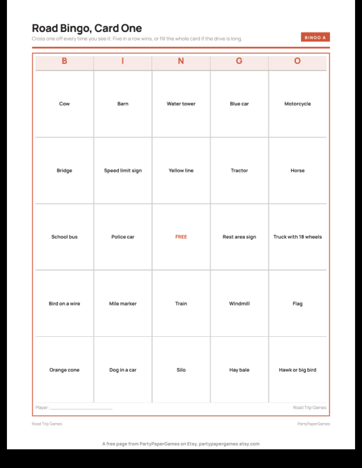 Free Printable Road Trip Bingo Card for Kids