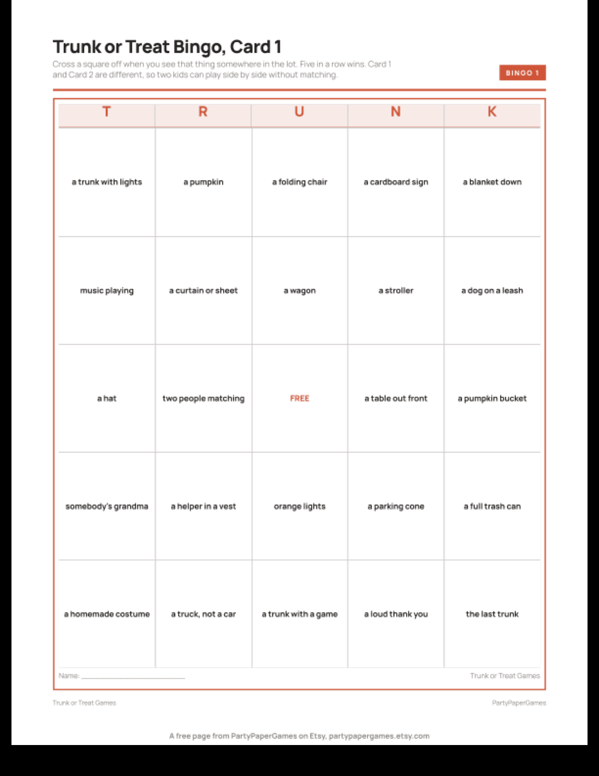 Free Printable Trunk or Treat Bingo Card