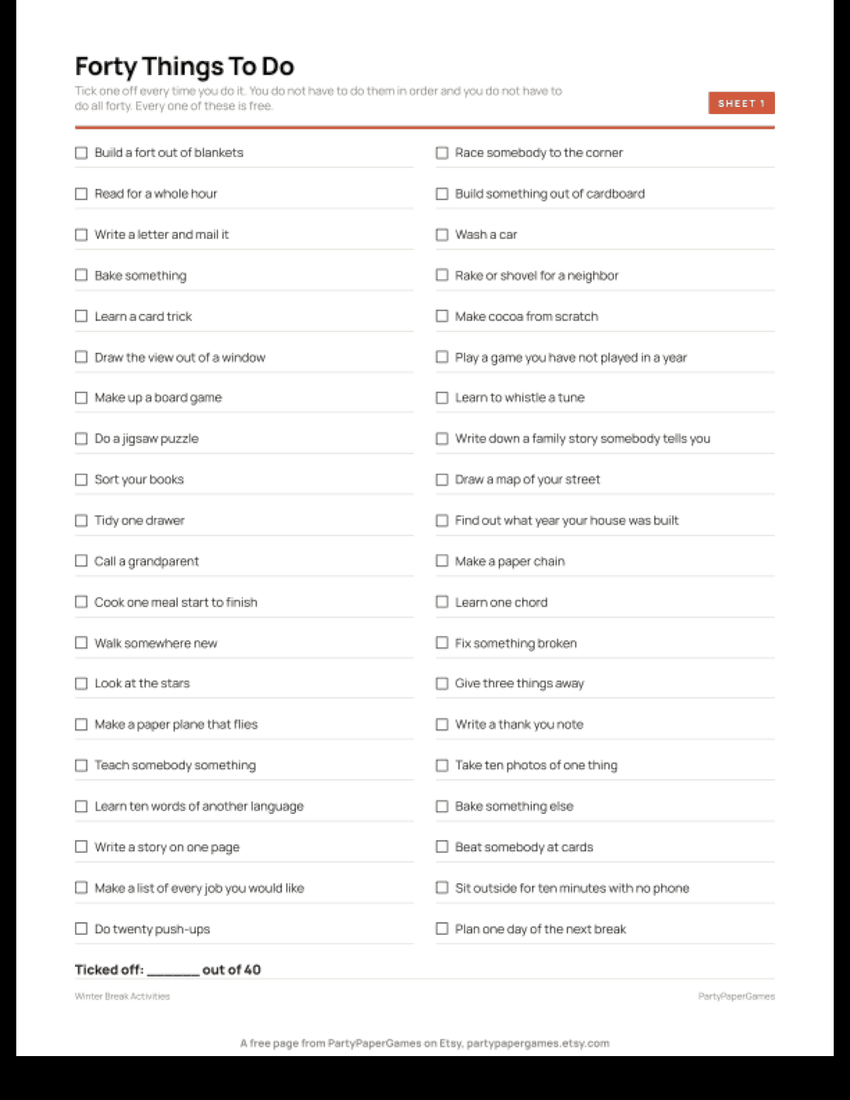 Free Printable Winter Break Activity List